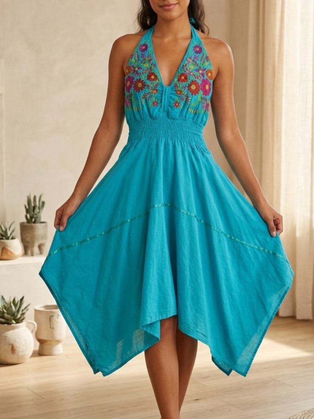 Vintage Mexican Embroidered Turquoise Halter Dress Handkerchief Hem One Size Y2K
